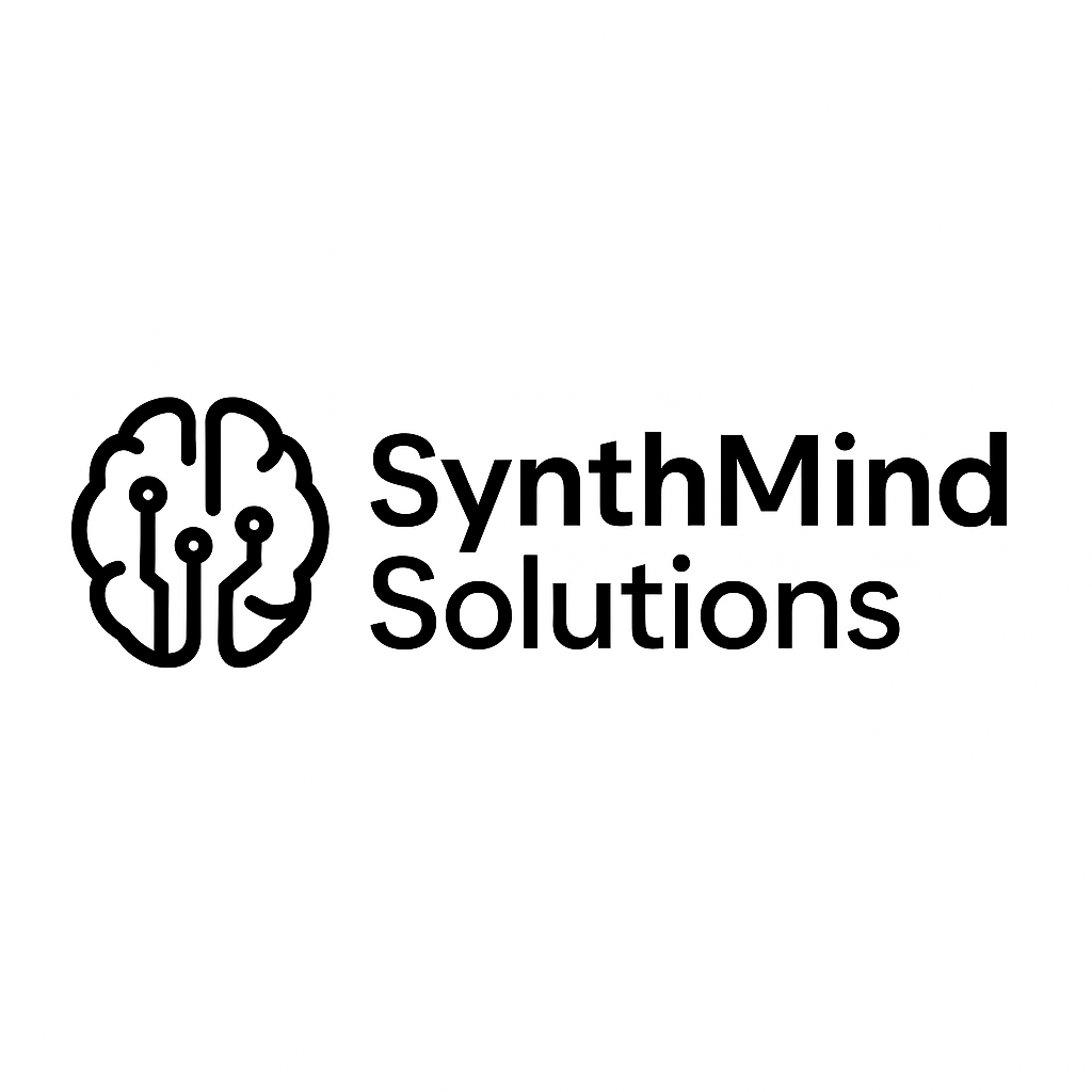 SynthMind Solutions logo with AI gear and brain icon